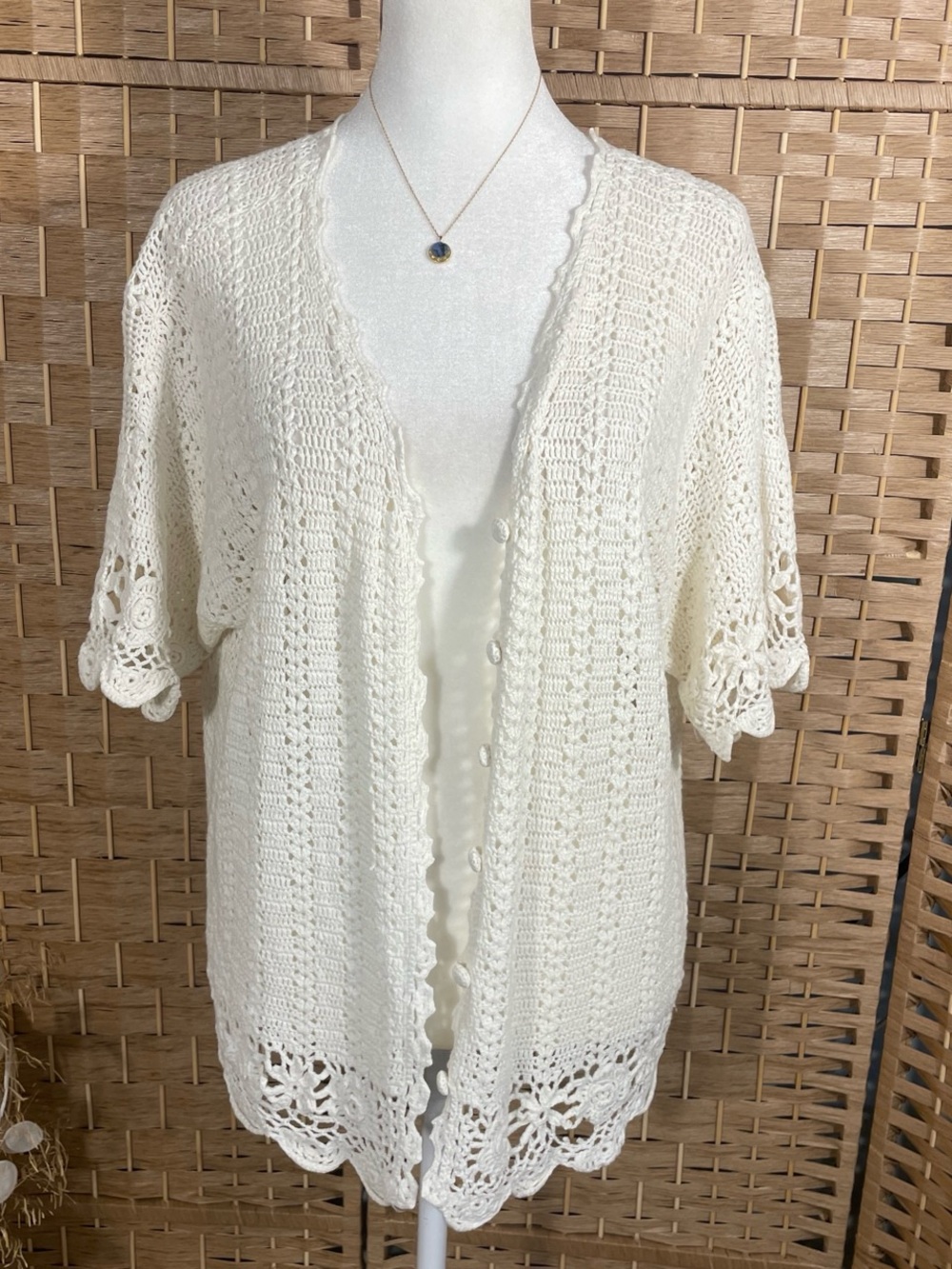 Creamy White Crochet Knit Button Ip Cardigan Top
